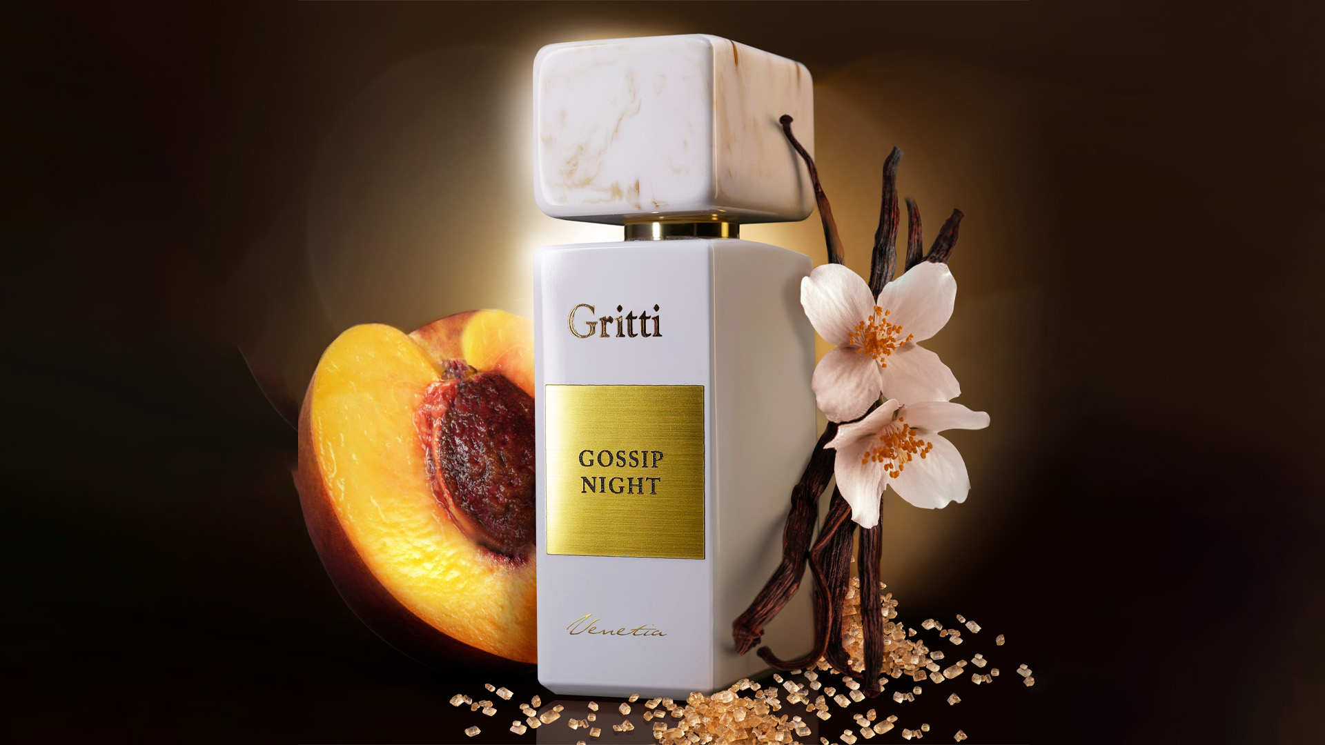 Ingredient ad visuals of the fragrance Gossip Night by the Gritti.