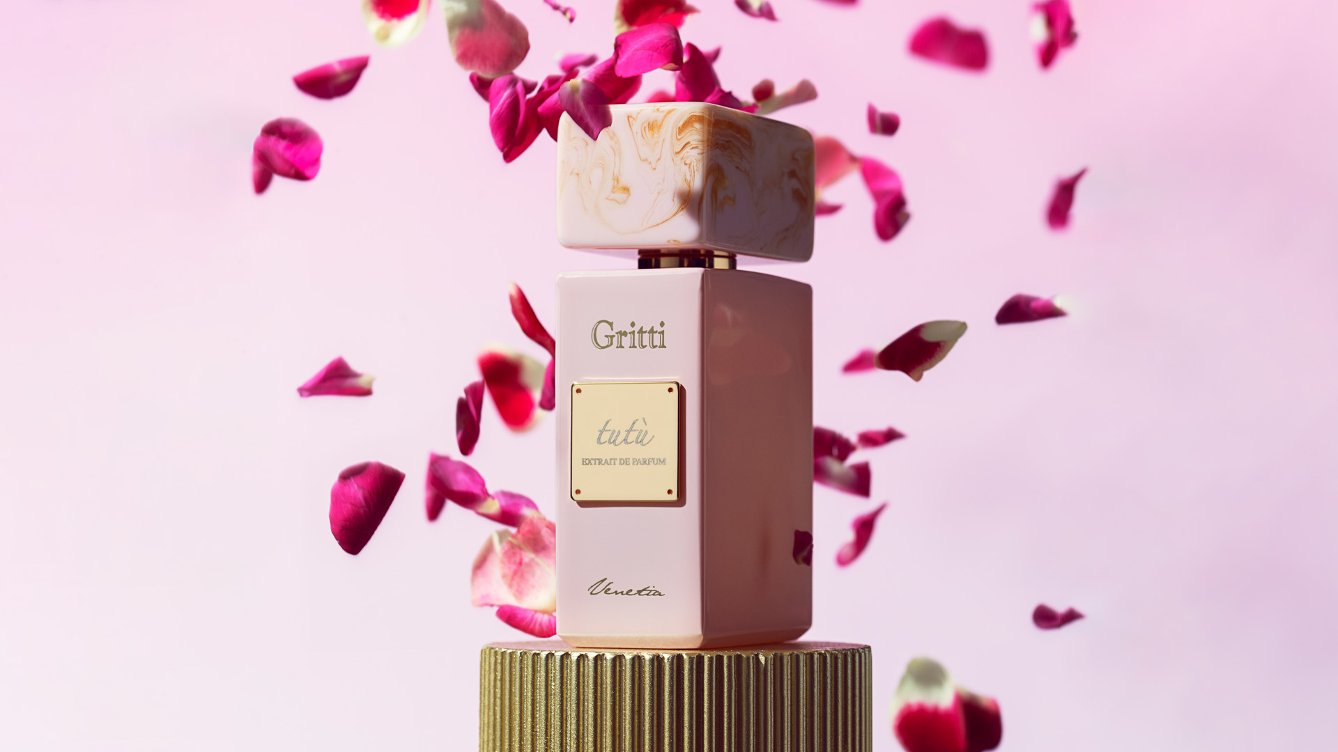 Beautiful pink ad visual of the fragrance Tutu by Gritti. Showcasing the feminine sweet fragrance.