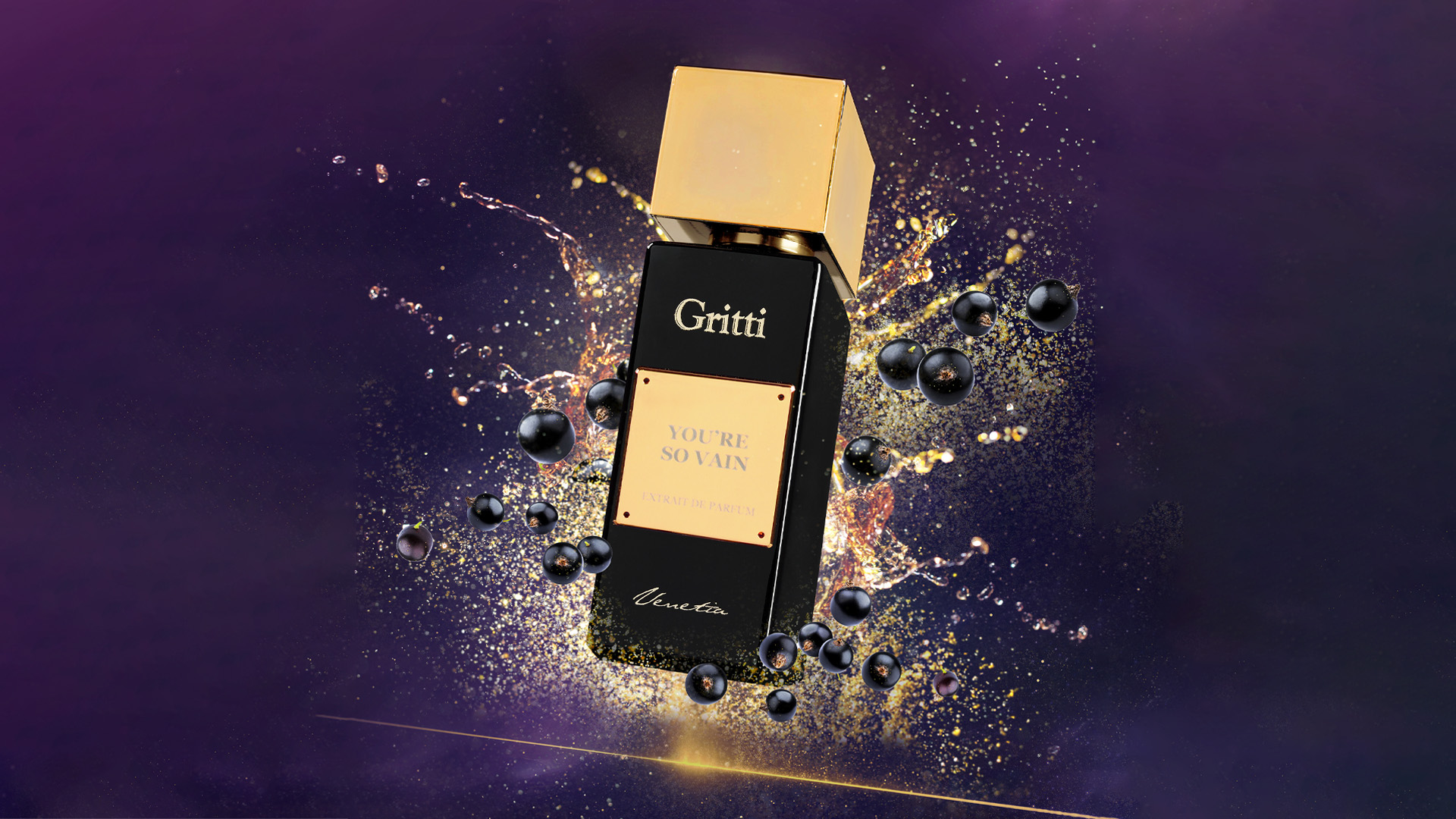 Striking ingredient ad visuals of the fragrance you're so vain by the brand Gritti.